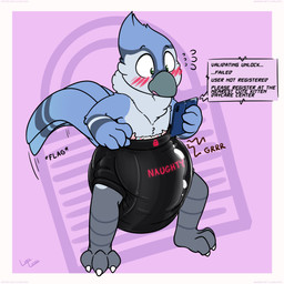 3_toes 4_fingers ambiguous_gender anthro big_diaper blue_body blue_feathers blush blush_lines bodily_fluids border cellphone clothed clothing diaper diaper_cover electronics feathers feet fingers flying_sweatdrops glistening glistening_clothing holding_object holding_phone imminent_feces imminent_soiling lock_symbol locked_diaper phone plastic_pants rumbling_stomach simple_background smartphone solo sound_effects standing sweat sweatdrop tail tail_feathers talons text text_box toes vowelless vowelless_sound_effect wearing_diaper white_border wide_eyed ludis-luteo del_the_bluejay avian bird blue_jay corvid jay_(bird) new_world_jay oscine passerine 1:1 2020 absurd_res artist_name english_text hi_res signature