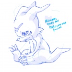 1:1 ambiguous_gender anthro bandai_namco blue_and_white dark_clefita digimon digimon_(species) line_art low_res monochrome reptile sad scalie simple_background solo spanish_text tail text translated veemon white_background