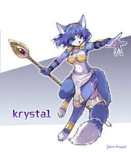 4_toes accessory anthro armor bandeau barefoot blue_body blue_fur blue_hair bottomwear breasts choker circlet claws clothing digitigrade dipstick_tail eyebrows eyelashes feet female finger_claws fur green_eyes hair hair_accessory hairband inner_ear_fluff jewelry kemono krystal's_staff loincloth markings navel necklace paws shoulder_guards solo staff tail tail_markings toe_claws toes topwear tribal tribal_markings tuft vambrace white_body white_fur namagakiokami nintendo star_fox krystal_(star_fox) canid canine fox mammal 2026 absurd_res hi_res