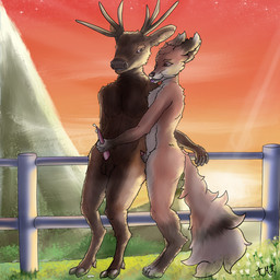 animal_genitalia anthro balls bodily_fluids cum duo ejaculation eye_contact fur genital_fluids genitals glare handjob happy leaning looking_at_another male male/male mountain penile penis sex smile star sunset tail tongue tongue_out time_meets_time canid canine cervine deer elk fox mammal red_fox true_fox 1:1 hi_res