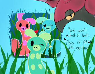 ambiguous_gender anthro blue_body green_body group looking_at_viewer naturally_censored red_body simple_background text ebbandfloatzel bits_and_bops nintendo pokemon arthropod caterpillar flow_worms_(bits_and_bops) generation_5_pokemon glowworm grub_(insect) insect larva pokemon_(species) scolipede worm absurd_res colored_line_art handwritten_text hi_res meme