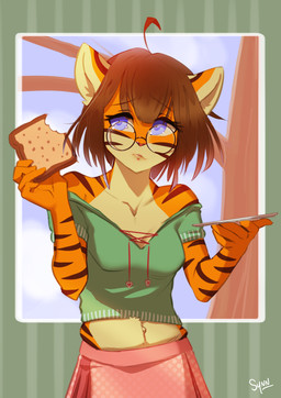ahoge anthro blue_eyes bread breasts brown_hair clothing eating eyewear female food front_view glasses hair navel orange_body shirt solo stripes toast topwear synnfultiger synn_(synnfultiger) felid mammal pantherine tiger 2019 absurd_res hi_res