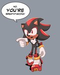 anthro clothing dialogue footwear gesture gloves grey_background hand_gesture handwear male open_mouth pointing red_eyes shoes simple_background solo speech_bubble text tuft thenovika sega sonic_the_hedgehog_(series) shadow_the_hedgehog eulipotyphlan hedgehog mammal absurd_res english_text hi_res meme reaction_image