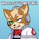 annoyed anthro bodily_fluids brown_body brown_fur clothed clothing cum cum_on_face fur genital_fluids green_eyes humor male open_mouth pun simple_background solo text missmccloud nintendo star_fox super_smash_bros. fox_mccloud canid canine fox mammal 1:1 digital_media_(artwork) english_text impact_(font) meme reaction_image