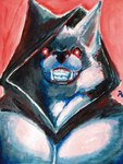 anthro bared_teeth black_sclera clothing creepy_face fangs fur fuzzy glowing glowing_eyes grey_body grey_fur grin hood hood_up looking_at_viewer male multicolored_body multicolored_fur muscular muscular_anthro muscular_male pecs prick_ears pupils red_eyes robe robe_only smile smiling_at_viewer solo teeth teeth_showing white_body white_fur white_pupils pinumontbalou dreamworks puss_in_boots_(dreamworks) death_(puss_in_boots) canid canine canis mammal wolf 3:4 hi_res portrait traditional_media_(artwork)