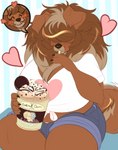 anthro big_breasts bottomwear breasts clothed clothing cookie ears_up eating_ice_cream female fluffy food hair hair_over_eyes heart_symbol huge_breasts raised_tail shirt shorts slightly_chubby slightly_chubby_female solo spoon_in_mouth tail thick_thighs tied_shirt topwear ferwanwan juno_(charliecorvinus) canid canine canis domestic_dog livestock_guardian_dog mammal molosser mountain_dog pastoral_dog tibetan_mountain_dog hi_res