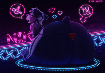 big_butt black_body bodily_fluids brown_eyes butt clothed clothing huge_butt hyper hyper_butt looking_back neon neon_sign sign skimpy smile smirk smug solo stripes sweat teasing teasing_viewer thong underwear white_stripes young r3drunner bear mammal colored shaded
