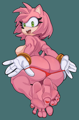 anthro big_breasts big_butt black_nose bottom_heavy bracelet breasts butt clothing colored_nails feet female fur gloves green_background green_eyes hair handwear head_tuft huge_butt jewelry looking_at_viewer looking_back looking_back_at_viewer nails open_mouth pink_body pink_fur pink_hair rear_view red_clothing red_nails red_thong red_underwear short_hair simple_background solo tan_body tan_fur thick_thighs thong tuft underwear white_clothing white_gloves white_handwear wide_hips exnezo sega sonic_the_hedgehog_(series) amy_rose eulipotyphlan hedgehog mammal hi_res