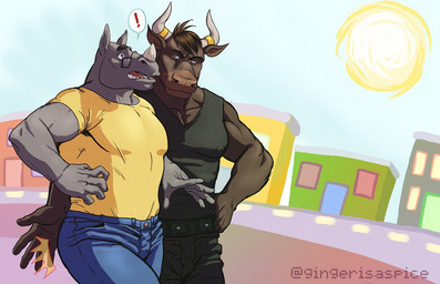 5_fingers anthro biceps biped black_bottomwear black_clothing black_topwear blue_bottomwear blue_clothing blue_eyes blue_sky bottomwear brown_body brown_eyes brown_fur brown_hair building butt_slap clothed clothing day denim denim_bottomwear denim_clothing detailed_background duo exclamation_point eyebrows eyewear fingers fur glasses grey_body grey_horn grey_skin hair hand_on_hip horn horn_jewelry horn_ring humanoid_hands jeans jewelry male muscular muscular_male nipple_outline open_mouth outside pants pecs ring_(jewelry) shirt sky slap snout spanking street sun surprised t-shirt tank_top teeth topwear walking yellow_clothing yellow_topwear mekeoshark buck_(evane) eddie_(evane) bovid bovine cattle mammal rhinoceros 2016 digital_media_(artwork) signature