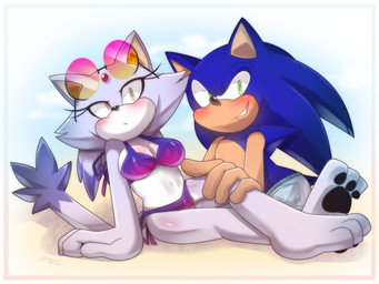 3_toes anthro barefoot big_feet big_hands bikini black_pawpads blue_body blush body_blush breast_blush breasts cheek_tuft cleavage clothed clothing countershade_arms countershade_torso countershading dipstick_tail duo eyelashes eyewear eyewear_on_head face_blush facial_tuft feet female forehead_gem gem green_eyes hair_down male markings navel pawpads paws plantigrade pointy_ears purple_body soles sunglasses sunglasses_on_head swimwear tail tail_markings toes tuft two-piece_swimsuit wearing_sunglasses yellow_eyes blueseamoon sega sonic_the_hedgehog_(series) blaze_the_cat sonic_the_hedgehog domestic_cat eulipotyphlan felid feline felis hedgehog mammal 2023 4:3 hi_res