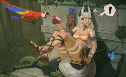 anthro beak biped breasts butt clothed clothed_anthro clothed_female clothing clwas damn duo feathers feet female feral fingers hair tail teeth toes tongue wings hacatiko avian bird parrot unknown_species 2026 digital_drawing_(artwork) digital_media_(artwork) hi_res