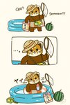 black_eyes black_nose chibi clothing dessert dot_eyes ellipsis feral food fruit hat headgear headwear kemono melon plant shaved_ice solo straw_hat text water watermelon shi_nominmin ailurid mammal red_panda 2024 hi_res