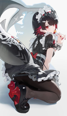 5_fingers bracelet breasts candy clothing dessert female fingers food footwear high_heels jewelry legwear light_body light_skin lollipop maid_headdress maid_uniform red_eyes shark_tail shoes simple_background solo spiked_bracelet spiked_headwear spikes tail tights underwear uniform white_background jeonghee1414 mihoyo zenless_zone_zero ellen_joe animal_humanoid aquatic aquatic_humanoid fish fish_humanoid humanoid shark_humanoid thiren 2026 absurd_res hi_res