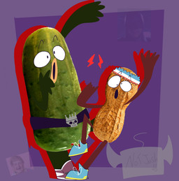 anthro duo food fruit legume male not_furry peanut_(food) pickle_(food) plant notjoshart disney pickle_and_peanut peanut_(pickle_and_peanut) pickle_(pickle_and_peanut) food_creature living_pickle hi_res