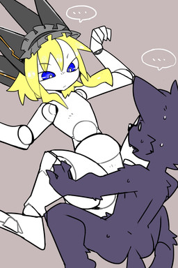 accessory ambiguous_gender anthro biped blonde_hair blue_eyes crotch_tuft duo ellipsis eye_contact featureless_crotch frilly frilly_accessory frilly_hairband hair hair_accessory hairband head_spikes high-angle_view looking_at_another lying machine male nude nude_ambiguous nude_anthro nude_male on_back plantigrade segmented_body slim slim_ambiguous slim_anthro slim_male speechless spikes spikes_(anatomy) spread_legs spreading tuft white_body pizademokttero nifram_logan canid canine canis mammal robot wolf 2023 2:3 absurd_res digital_drawing_(artwork) digital_media_(artwork) flat_colors hi_res
