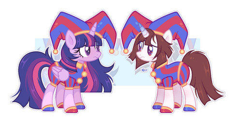 alternate_species blush confusion duo female feral horn jester simple_background wings worried nay_kater friendship_is_magic glitch_productions hasbro my_little_pony mythology the_amazing_digital_circus pomni_(tadc) twilight_sparkle_(mlp) equid equine mammal mythological_creature mythological_equine unicorn winged_unicorn crossover hi_res