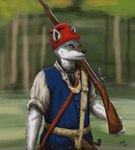 anthro clothed clothing flintlock fur furgonomic_headwear furgonomics grey_body grey_fur gun holding_gun holding_object holding_ranged_weapon holding_weapon male outside ranged_weapon solo standing weapon hatjosuke8 canid canine canis mammal wolf 2023 absurd_res hi_res