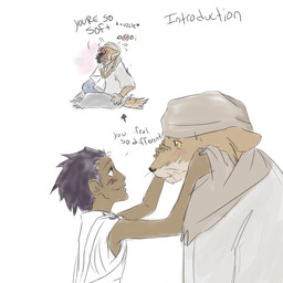 anthro black_nose blind blush brown_body brown_fur brown_skin clothed clothing disability duo ears_down fangs fur hair hug male male/male pivoted_ears purple_hair simple_background smile surprised tail teeth text whiskers white_background white_body white_fur unknown_artist bleach_(series) kaname_tosen sajin_komamura canid canine canis human mammal wolf 1:1 english_text