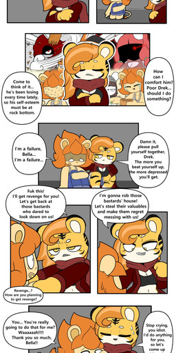 anthro bandage bodily_fluids crossed_arms crouching crying dialogue eyes_closed female male profanity speech_bubble sweat tears text tonytoran bella_(tonytoran) drake_(tonytoran) absurd_res comic english_text hi_res