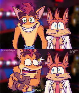 4_fingers anthro blue_eyes brown_body brown_eyebrows brown_fur brown_nose chest_tuft clothed clothing duo eyebrows fingerless_gloves fingers fur gloves green_eyes grin hair handwear inner_ear_fluff male multicolored_body multicolored_fur necktie orange_body orange_fur red_hair shocked smile tuft luchosfactory activision bubsy_(series) crash_bandicoot_(series) bubsy_bobcat crash_bandicoot bandicoot bobcat felid feline lynx mammal marsupial 2025 absurd_res comic crossover hi_res meme