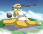 2024 3_toes 4_fingers absurd_res aircraft airplane ampharos anthro anthrofied belly bracelet breasts city city_destruction claws cloud day dialogue digital_media_(artwork) english_text featureless_breasts feet female finger_claws fingers generation_2_pokemon giga hi_res jewelry looking_down macro macro_march mira_(snekkobean) nintendo nude outside pokemon pokemon_(species) pokemorph purple_eyes sitting sky snekkobean solo tail text toes vehicle yellow_body