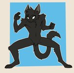 anthro black_body black_fur digitigrade featureless_crotch fighting_pose fur green_eyes looking_aside male pose smile solo 60percentscalie domestic_cat felid feline felis mammal