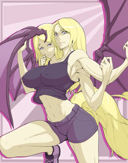 2_heads 4_arms animal_tail basket bat_wings blonde_hair blue_eyes bottomwear breasts claws clothing conjoined container female hair long_hair looking_at_viewer membrane_(anatomy) membranous_wings multi_arm multi_head multi_limb nipple_outline not_furry shirt shorts smile solo topwear wings katkooki materclaws helena_and_kassandra humanoid mammal vampire winged_humanoid 2015