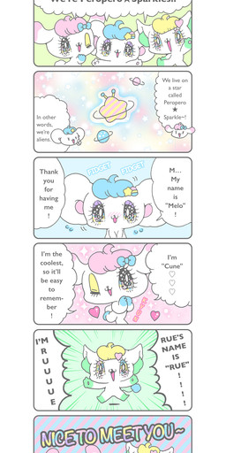 :3 accessory alternative_fashion ambiguous_gender antennae_(anatomy) anthro bangs big_ears big_eyes big_head blonde_hair blue_background blue_eyes blue_eyeshadow blue_hair blue_markings blue_tail blush blush_lines bodily_fluids bow_ribbon chibi dialogue ear_markings eyelashes eyes_closed eyeshadow fairy_kei featureless_chest featureless_crotch featureless_feet feet flying_sweatdrops glistening glistening_eyes gloves_(marking) green_background green_markings group hair hair_accessory hair_bow hair_ribbon hairclip handpaw happy heart_symbol inner_ear_fluff introduction j-fashion jumping kemono leg_markings lidded_eyes looking_at_viewer makeup markings multicolored_eyes nude on_model one_eye_closed open_:3 open_mouth open_smile pattern_background pawpads paws pink_background pink_eyes pink_hair pink_markings pink_tongue planet pointy_ears pointy_speech_bubble pose prick_ears purple_eyeshadow rabbit_ears ribbons round_ears scut_tail short_tail shy simple_background smile socks_(marking) space sparkles sparkling_eyes speech_bubble star superflat sweat sweatdrop tail tail_tuft talking_to_viewer text tongue trio tuft white_body white_tail wink yellow_eyes yellow_eyeshadow third-party_edit yurie_sekiya peropero_sparkles cune_(peropero_sparkles) melo_(peropero_sparkles) rue_(peropero_sparkles) alien domestic_cat felid feline felis lagomorph leporid mammal mouse murid murine rabbit rodent absurd_res english_text hard_translated hi_res translated translation_edit