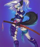 anthro armor biped blue_eyes breasts clothing female fur gloves_(marking) hair holding_object holding_weapon katana markings melee_weapon panties ponytail purple_background purple_clothing purple_panties purple_underwear rear_view simple_background solo standing sword underwear weapon white_body white_fur white_hair prisma6 hi_res