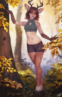 5_fingers anthro antlers autumn black_bottomwear black_clothing black_shorts bottomwear breasts brown_body brown_eyes brown_fur brown_hair clothing crop_top day detailed_background female female_anthro fingers forest fur green_clothing green_crop_top green_shirt green_topwear hair hooves horn leaf navel outside plant shirt short_hair shorts small_breasts solo standing tail topwear tree personalami rainy_(kururuyu) deer mammal 2023 colored digital_media_(artwork) full-length_portrait hi_res portrait