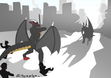 ambiguous_gender anthro blue_eyes claws female female_anthro grey_body grey_wings group holding_melee_weapon holding_object holding_sword holding_weapon horn markings melee_weapon membrane_(anatomy) membranous_wings mouth_closed narrowed_eyes nude outside red_markings silhouette standing sword weapon white_horn wing_claws wings yellow_body jezzlen mythology dragon mythological_creature mythological_scalie scalie hi_res signature