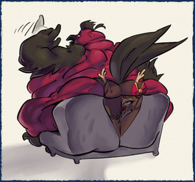 after_transformation anthro antlers beak bell_bow bell_panties big_butt black_arms black_beak black_body black_feathers black_tail black_talons bow_panties bow_ribbon bow_underwear brown_clothing brown_ears brown_panties brown_underwear butt butt_crush clothed clothing clothing_transformation crush duo face_panties fanning fanning_self fat_rolls feathers female female/female freckles furniture green_eyes grey_sofa grimace heat_(temperature) horn huge_butt living_underwear motion_lines obese obese_anthro obese_female overweight overweight_anthro overweight_female panties panties_only panties_transformation raised_tail red_body red_feathers red_nose simple_background size_difference sofa tail tail_feathers topless transformation unaware_transformation underwear underwear_only underwear_transformation wearing_clothing_character white_background white_freckles x-ray_view nondelismell holly_(mimigabuns) animate_inanimate avian bird cardinal_(bird) living_clothing oscine passerine piranga scarlet_tanager 2025 digital_media_(artwork) hi_res trans_(lore) trans_woman_(lore)