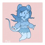 anthro big_breasts blue_body bottomwear breasts clothed clothing female hair open_mouth simple_background solo tail topwear torn_clothing el_senor_erizo mr_harinezumi no_debts_(comic) karen_(no_debts) ghost mammal mouse murid murine rodent spirit digital_media_(artwork) hi_res