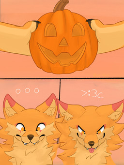 anthro brown_nose chest_tuft claws ears_down fangs fur holding_object holidays inner_ear_fluff jack-o'-lantern looking_at_object male markings mischievous_smile orange_body orange_eyes orange_fur paws pivoted_ears red_markings solo teeth tongue tongue_out tuft chilliad halloween chilliad_(oc) canid canine canis dingo mammal 3:4 comic hi_res