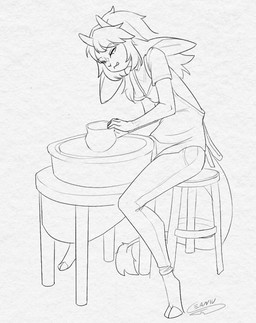 anthro apron big_ears bottomwear clothing focused furniture hooves horn male pants pottery pottery_wheel shirt sitting solo stool tail tongue topwear leanivbirb toro_(nerobeasts) bovid caprine demon goat mammal monochrome