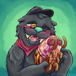 anthro black_body black_clothing black_fur black_hat black_headwear blue_nose burger cheek_tuft clothing cuddling duo ear_piercing facial_piercing facial_tuft food fur green_background hat head_tuft headgear headwear holding_another kerchief lip_piercing male one_eye_closed orange_eyes overbite paws petting piercing red_kerchief simple_background smile solo stubble teeth tongue tuft tusks undergreysnest bugsnax young_horses fan_character bbq_bunger bugsnak bunger grumpus 1:1 2024 colored dated half-length_portrait portrait shaded signature watermark