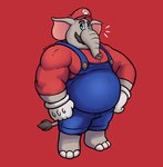 anthro belly big_belly clothing facial_hair hat headgear headwear male musclegut muscular muscular_anthro muscular_male mustache overalls red_background red_clothing simple_background solo dynogreeno mario_bros nintendo elephant_mario mario elephant elephantid mammal proboscidean hi_res