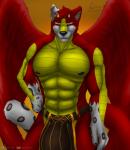 abs anthro bottomwear bulge clothed clothing dots feathered_wings feathers fur grin horn loincloth looking_at_viewer male muscular muscular_anthro muscular_male nipples pecs red_body red_fur scales smile solo tail topless wings chrislhi european_mythology greek_mythology mythology lhikan_(chrislhi) avian canid canine canis dragon felid hybrid mammal mythological_avian mythological_bird mythological_creature mythological_firebird mythological_scalie pantherine phoenix scalie snow_leopard wolf absurd_res hi_res