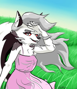 anthro arm_tuft black_nails black_nose cheek_tuft chest_tuft clothing colored_nails dress eyebrow_piercing eyelashes facial_piercing facial_tuft female fur grass grey_body grey_fur grey_hair hair inner_ear_fluff nails notched_ear piercing pink_clothing pink_dress plant red_eyes shoulder_tuft smile smiling_at_viewer solo sundress tail teeth translucent translucent_clothing tuft white_body white_fur wind half_dime hellaverse helluva_boss mythology loona_(helluva_boss) canid canid_demon canine canis demon hellhound mammal mythological_canine mythological_creature wolf absurd_res hi_res