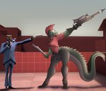 anthro boots bottomwear breasts clothed clothing duo female footwear gun hair handgun hat headgear headwear holding_object holding_weapon knife male male/female melee_weapon pants ranged_weapon revolver rifle shoes simple_background trash weapon what photolol.03 team_fortress_2 valve miss-mundany_(photolol.03) sniper_(team_fortress_2) spy_(team_fortress_2) crocodile crocodilian human humanoid mammal reptile scalie 3d_(artwork) digital_media_(artwork) hi_res source_filmmaker_(artwork)