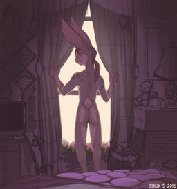 anthro backsack balls bed bedroom biped butt digitigrade eyebrows fur furniture genitals grey_body grey_fur hair long_ears long_hair looking_at_viewer looking_back male markings morning multicolored_body multicolored_fur narrow_hips nude ponytail rear_view skinny slim smile solo standing thin_calves thin_legs thin_thighs window shiuk hare lagomorph leporid mammal rabbit absurd_res digital_media_(artwork) hi_res