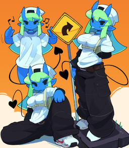 2_horns 5_fingers backpack beanie belt black_bottomwear black_clothing black_pants black_tail blue_ears blue_horn blue_tongue body_outline bottomwear breasts brown_belt clothed clothed_female clothed_humanoid clothing eyebrow_through_hair eyebrows female female_humanoid fingers footwear front_view frown green_eyebrows green_hair hair hat head_horn headgear headwear horn humanoid_pointy_ears loose_shirt mouth_closed musical_note musical_symbol not_furry orange_background pants pointy_ears pose road_sign shirt shoes simple_background small_waist solo spade_tail standing symbol tail tight_clothing tight_shirt tight_topwear tongue tongue_out topwear translucent translucent_clothing translucent_hair translucent_shirt translucent_topwear white_beanie white_clothing white_hat white_headwear bacun azul_(bacun) demon demon_humanoid horned_humanoid humanoid tailed_humanoid absurd_res digital_media_(artwork) hi_res