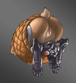 anthro basket big_butt brown_body brown_fur butt container cybernetic_arm cybernetic_leg cybernetic_limb cybernetics feet female fur genitals grey_background machine rear_view simple_background solo stuck tan_body tan_fur thick_thighs vulva wide_hips mootsider mihoyo zenless_zone_zero cyborg lagomorph leporid mammal rabbit absurd_res hi_res