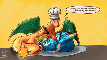 abdominal_bulge ambiguous_gender avian_feet beak blue_body chef_hat clothing duo facial_markings feathered_crest feathered_wings feathers feet feral feral_pred feral_prey green_eyes hat head_crest head_markings headgear headwear markings mask_(marking) membrane_(anatomy) preparation tail tail_feathers text toes vore webbed_feet white_markings wings yellow_markings gyrotech silent_e nintendo pokemon blitz_(gyro) fan_character thunk_(gyro) avian charizard cramorant generation_1_pokemon generation_2_pokemon generation_8_pokemon pokemon_(species) quilava 16:9 english_text hi_res widescreen male_(lore)