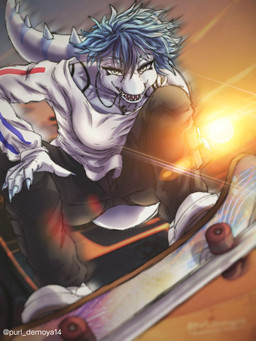 anthro big_breasts biped blue_body blue_hair bottomwear breasts claws clothed clothed_anthro clothed_female clothing crossgender female finger_claws fingers footwear front_view grey_bottomwear grey_clothing grey_eyes grey_pants hair light looking_at_viewer low-angle_view markings motion_blur mtf_crossgender non-mammal_breasts open_mouth outside pants sharp_teeth shirt shoes short_hair skateboard skateboarding solo spiked_tail spikes spikes_(anatomy) striped_markings stripes sun sunlight tail tattoo teeth text topwear vehicle white_clothing white_shirt white_topwear purl_demoya goodbye_volcano_high ko_op_(game_developer) nick_(gvh) baryonyx dinosaur prehistoric_species reptile saurischian scalie spinosaurid theropod 2025 3:4 absurd_res artist_name colored full-length_portrait hi_res portrait shaded