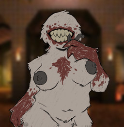 areola big_areola big_breasts biped black_areola black_tongue blood blood_on_face blood_on_hand bodily_fluids breasts claws female finger_claws fluffy front_view looking_at_viewer nipples non-mammal_nipples overweight sharp_teeth smile solo teeth tongue theindy6900 microsoft quake monster shambler hi_res