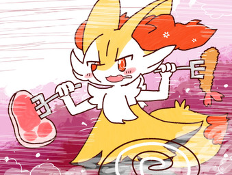 ambiguous_anthro ambiguous_gender anthro biped blush bodily_fluids cute_fangs drooling fangs food front_view holding_fork meat motion_lines object_in_tail open_:3 open_mouth running saliva shrimp_(food) snout solo tail teeth three-quarter_view annyui0611 nintendo pokemon braixen canid generation_6_pokemon mammal pokemon_(species) 2022 digital_drawing_(artwork) digital_media_(artwork) hi_res japanese_description portrait three-quarter_portrait translated_description