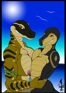 anthro breast_squish breasts breasts_frottage duo female female/female looking_at_viewer muscular muscular_anthro muscular_female nipple_piercing nipples nude piercing sea sky smile squish standing water blazewing117 anarosa_(ben56) rashii reptile scalie snake 2016 hi_res cousins_(lore)