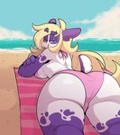 anthro beach big_butt bikini blonde_hair breasts butt clothing female fur hair looking_at_viewer looking_back lying on_front pink_bikini pink_clothing pink_swimwear purple_body purple_fur solo swimwear thick_thighs towel two-piece_swimsuit water white_body white_fur gogomrdodo blooper_(dooper64) bear giant_panda mammal hi_res