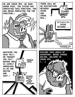 anthro beard brainwashing dialogue ear_piercing eyewear facial_hair glasses male overweight overweight_male piercing solo text transformation billy_fore spire_(malyrn) lagomorph leporid mammal rabbit suid suine sus_(pig) black_and_white comic english_text hi_res monochrome